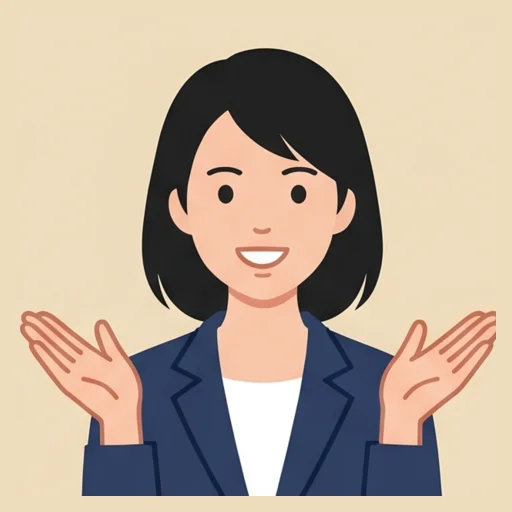 アドバイザーが両手を広げて自信を持って結論を提示するイラスト