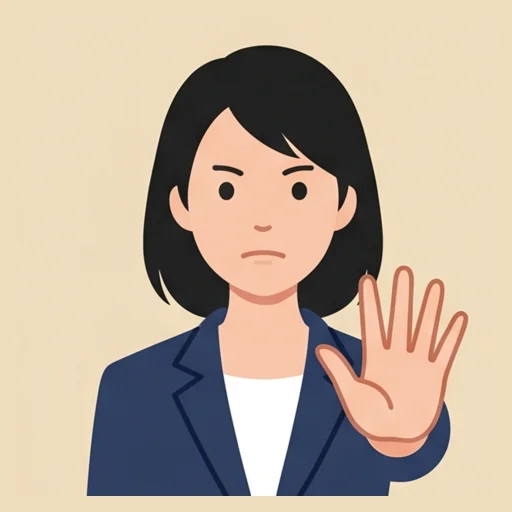 アドバイザーが手のひらで制止して警告するイラスト