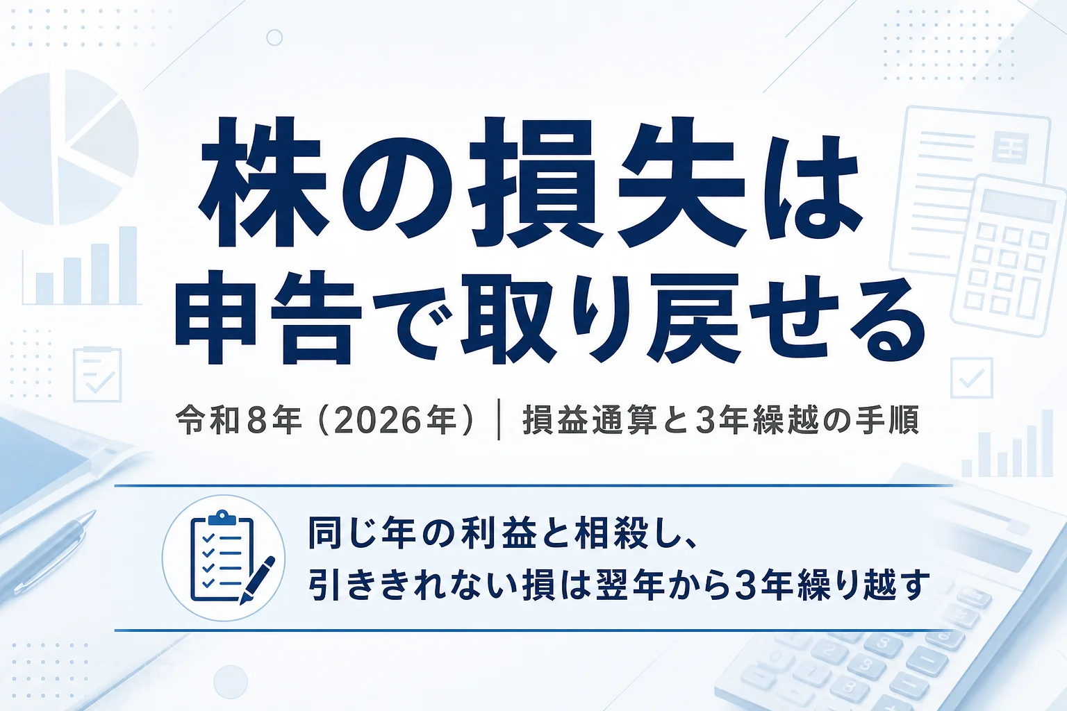 株の損失を損益通算と3年繰越で取り戻す手順を示すアイキャッチ
