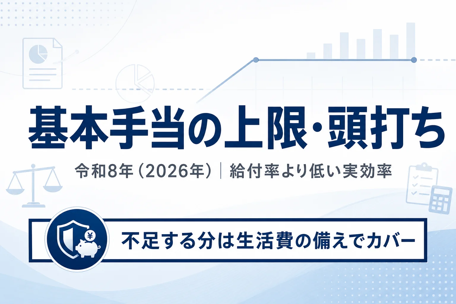 高所得者は基本手当が年齢別上限で頭打ちになり実効給付率が下がることを示すアイキャッチ