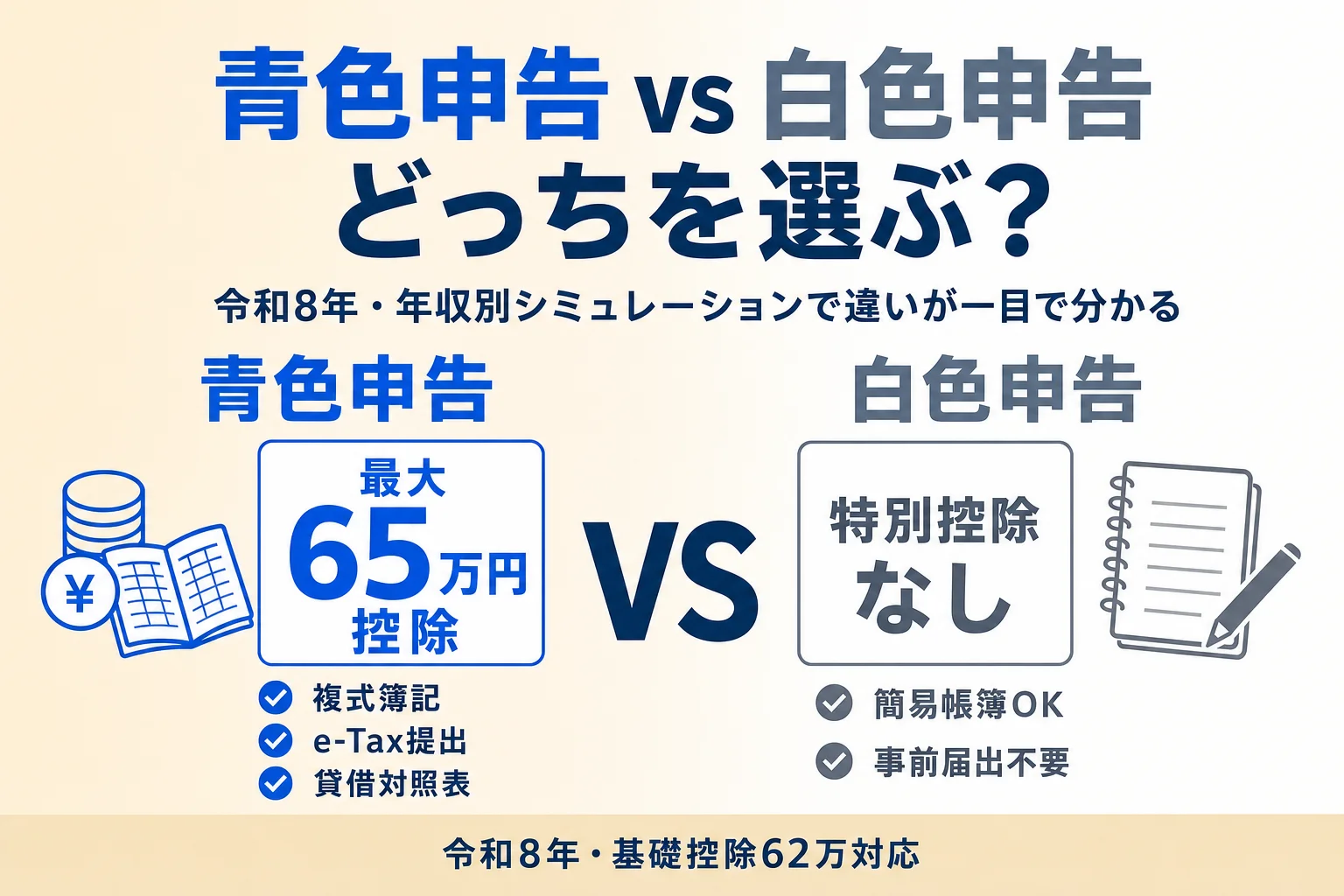 青色申告 vs 白色申告 違いガイド：令和8年版・年収別シミュレーションで節税効果を比較するアイキャッチ